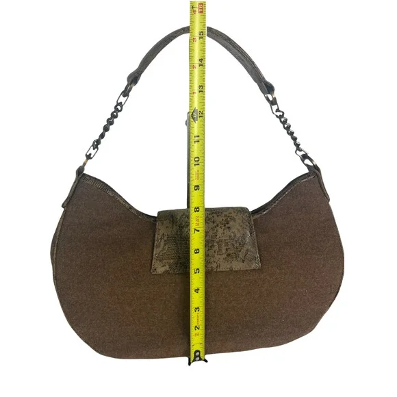 Worth Patent Leather Snakeskin Print Foldover Button Top Handle Fabric Wool Bag - Picture 10 of 12